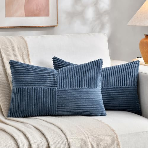 FDTERN 2er Set Denim Blau Kordsamt Kissenbezug 40x60CM Weich Moderne Dekorative Kissenbezüge Kissenhülle Dekokissenbezug Sofakissen Dekokissen Boho Deko für Sofa Schlafzimmer Wohnzimmer Balkon