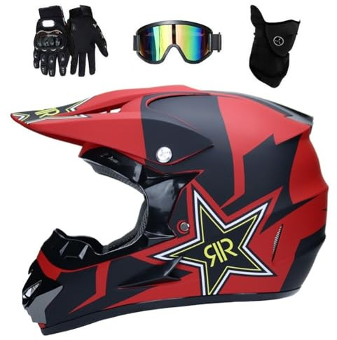 Full Face MTB Motocross Helmet, Youth Kid Off Road Enduro Racing ATV Motorbike Helmet, Downhill BMX Quad Dirt Bike Crash Helmet Protective Gear, with Goggles Mask Gloves ( Color : Matt Black Red , Siz