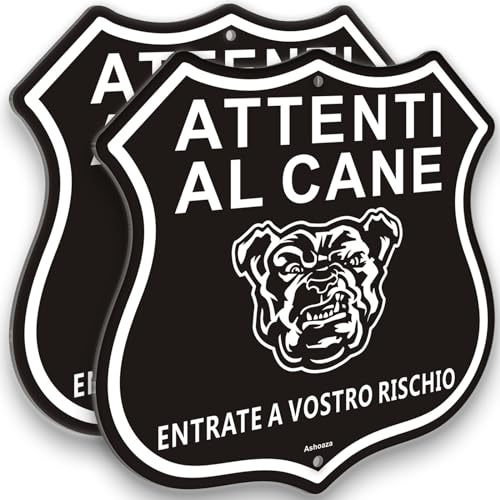 2 carteles de metal «Attenti al Cane» de aluminio, 25 x 25 cm, Ashoaza atentos al perro, fácil de instalar, para uso interior o exterior, resistente a los rayos UV, resistente a la intemperie