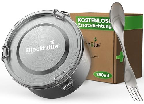 Blockhütte Premium Brotdose Edelstahl Kinder Rund I 780ml I mit Göffel und 2x Dichtung Set I Vesperdose Edelstahl Auslaufsicher I Brotdose Metall Schule I Ofenfeste Schüssel Spülmaschinenfest