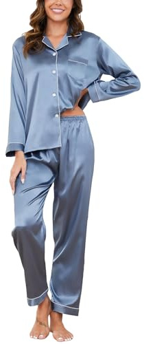 Reliwel Dampyjamas i Satin Pyjamas Dam Tvådelad Långärmad Pyjamasset Med Knappar Silke Mjuk V-ringning Öppen Framsida Och Byxor Sidoväskor