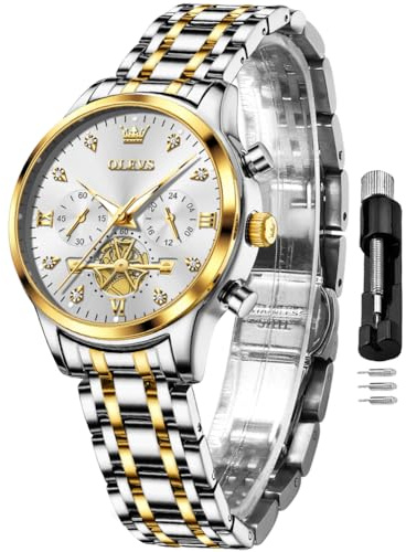 OLEVS Watches Women Silver Luxury Diamond Wrist Watches for Women Analog Quartz Stainless Steel Waterproof Multifunctional Ladies Watch