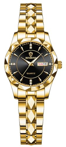 JewelryWe Paar Uhren Quarz Analog Partner Freundschafts Armbanduhr Datum Kalender Edelstahl Armband Uhr mit Beleuchtenden Zeiger und Strass rundem Zifferblatt, Geschenk für Herren Damen, Gold
