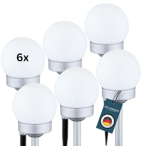 bmf-versand® Solarlampen für außen Garten als 6er Set - Solar Wegeleuchten aussen mit Erdspieß in Silber - Solarleuchte Garten Gartenleuchten Kugel Solarlampe Außen Gartenlampe Solarkugel IP44