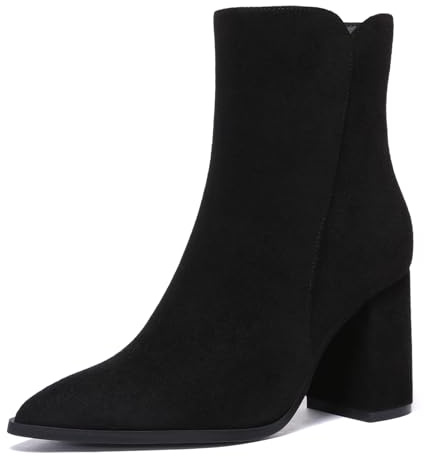 Athlefit Women's Heeled Ankle Boots Fashion Pointed Toe Chunky Heel Side Zipper Short Black Suede Boots Size 8