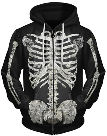 Beokeuioe Herren Hoodie Sweatjacke Oversized Kapuzenjacke Skelett Druck Sweatshirt Kapuzenpullover Langarm Sport Kapuzenpulli Casual Fitness Training Basic Langarmshirts Hoodie