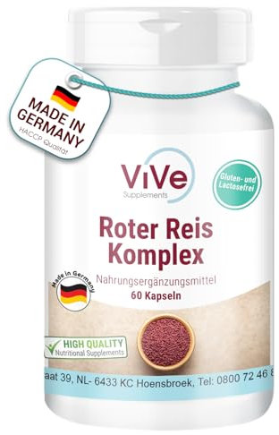 Roter Reis Komplex - 60 Kapseln - 2,95 mg Monacolin K pro Kapsel - mit Oliven-, Artischocken-, Löwenzahn-Extrakt + Coenzym Q10 + Vitamin B3 - Hochdosiert - Vegan - Vive Supplements
