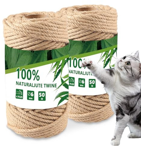 Zosenyer Corde Arbre à Chat, Corde de Jute 6mm, Sisal D'épée d'arbre de Chat Approprié pour Faire Le Bricolage Home Decoret Le Tapis de Grattage de Chat, 2 Pièces de 50m (Marron)