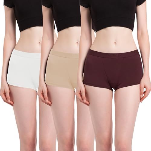 OEIOEI Boxer da donna in bambù, confezione da 3, Borgogna/Cachi/Bianco crema, L