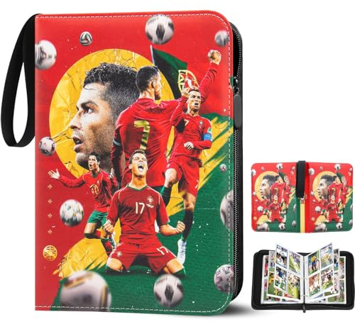 Fussball Karten Sammelalbum, Sammelkarten Album 400 Karten | 4 Fächer 50 Seiten Fußballkarten Ordner aus PU-Leder mit Reißverschluss, Sammelmappe Geschenk für kinder Jungen Mädchen