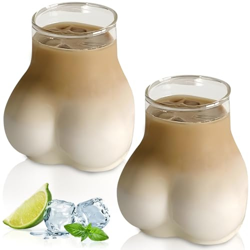2 Stück 450 ml lustige Tassen mit Po-Form, Biergläser, Cocktailgläser, Kaffee- und Teegläser, robustes Glas, ideal für Latte Macchiato, Eis-Kaffee, Whisky, Joghurt, Soda, Party und Alltagsgebrauch