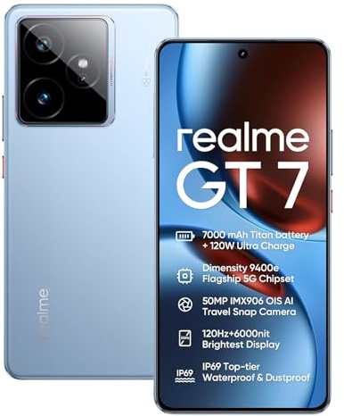 realme GT 7 5G Smartphone 12+512GB,Chip Dimensity 9400e,50MP IMX906 OIS +50MP Cámara,7000mAh Batería Titan, 6.78'' 120Hz 6000nits Pantalla de Deportes Profesionales,NFC,Azul