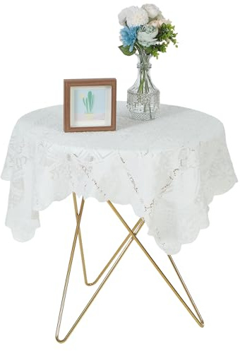 Xinjoduz 1 PCS Small Square Table Cloth 35.43 X35.43 Square Lace Tablecloth Vintage Crochet Tablecloths Lace Overlay Tablecloths Fancy Bedside Table Cloth for Round Coffee Tables (Beige)