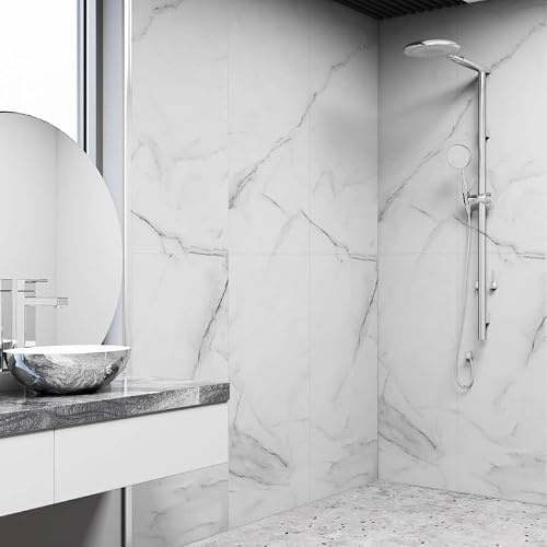 DECOON - Lot de 4 Dalles Murales Douche - Décor Marbre Blanc brillant - Panneaux muraux salle de bain en SPC 59,2x118,4 cm (2,8 m²) - Étanche, sans joints, pose facile et rapide