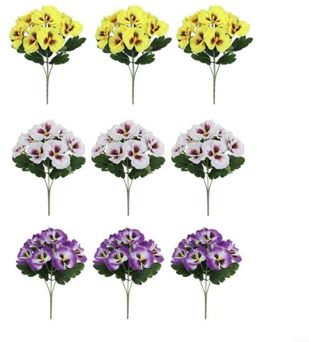 Artificial Pansy Flowers Bundle Mixed Colors Indoor Outdoor Decorative Plant Stems Summer Decor for Garden Porch Patio Wedding Home 9 Pack Purple Yellow White