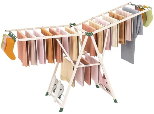 COSTWAY Etendoir Linge Pliable, Sechoir a Linge Pliable 20 Barres, Cadre en Acier, Hauteur Réglable 99-168 cm, Pinces à Chaussettes, 4 Porte-Chaussures, Tancarville Linge Intérieur (Beige,184 cm)