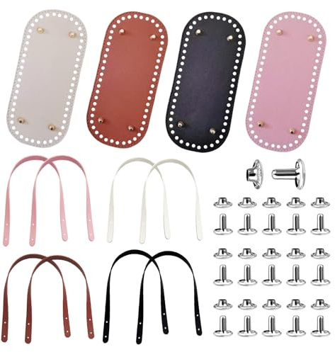 HUSOUE 4 Stück Taschenboden zum Häkeln, Tasche Taschenboden Oval Leder mit 8 STK Taschenhenkel und 32 STK Nieten PU-Leder Taschengriffe Boden Tasche Häkeln Set für Handtasche DIY