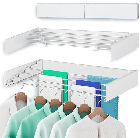 32” Wall Mounted Space Saving Laundry Drying Rack Balcony for Kitchen, Bathroom Use - Foldable Clothes Dryer Rack with 4 Steel Poles - Collapsible Laundry Organizer Indoor Outdoor Drying Line