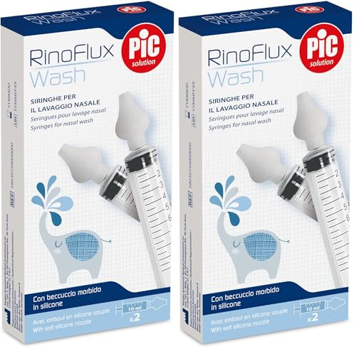 Pic Solution – Siringhe per lavaggio nasale con beccuccio in silicone morbido, adatte a bambini dai 4 mesi e adulti, la confezione contiene 2 siringhe da 10 ml con 2 beccucci a forma di oliva