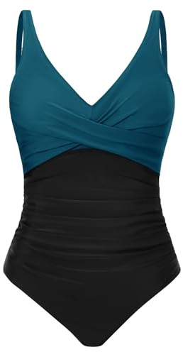Tuopuda Costume Intero Donna Costume Contenitivo Modellante Pancia Piatta Costumi Curvy Swimsuit da Mare Swimwear Monokini con Spalline Regolabili, Nero+Blu, M