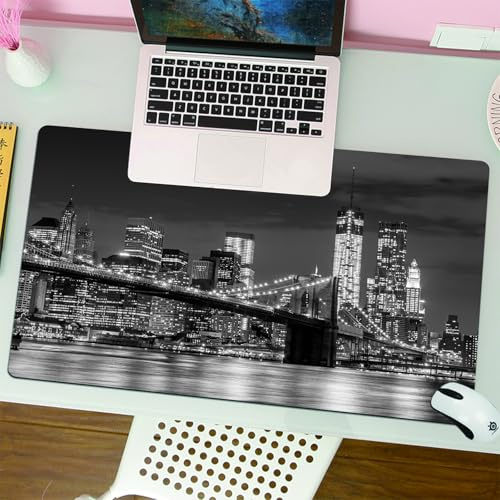 QRFASFZO Mouse Pad 31.5 × 12 inch Extended Large Mouse Mat Desk Pad, Stitched Edges Mousepad,Non-Slip Rubber Base,Evening Brooklyn Bridge and Manhattan Skyline, New York City Tour,Gaming Mouse Pad XL