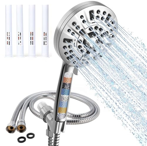 TaylorHe 10 Function Powerful Hand Held High Pressure Shower Head and Hose Set Jet Spray Massage Mist Rinse Mode Filtered Shower Head (and 4 Extra Filters) and 1.5M Hose