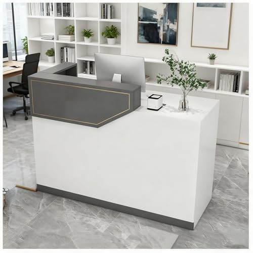 Minimalistiskt mottagningsskrivbord med låsbara lådor och metallhandtag rymligt förvaringsskåp enkel montering modern receptionsbänk grå (140 x 45 x 100 cm)