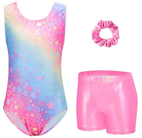 Arshiner Justaucorps de Gymnastique Fille Ensemble de Gymnastique Trois Pièces pour Enfants Justaucorps Sans Manches avec Shorts et Bandeau Tenue Leotards avec Design de Imprimé 3-10 Ans