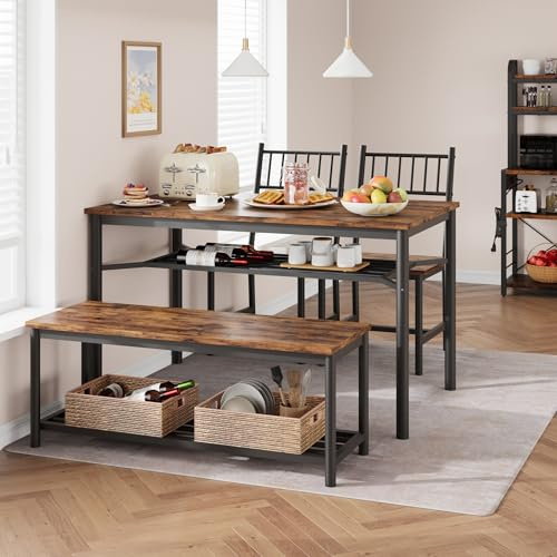 GarveeMore Essgruppe Esstisch Set 4-Teilig Esszimmertisch Mit 2 Stühlen & Bänken, Sitzgruppe Mit 2 Lagerregalen, Bartisch Mit Metallgestell, Industrial Esszimmergruppe Für Küche Esszimmer