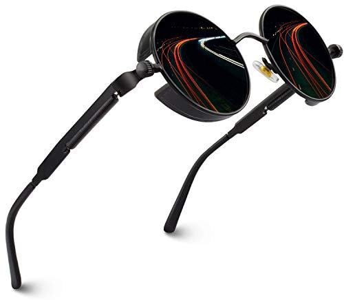 CGID Retro Sonnenbrille im Steampunk Stil, runder Metallrahmen, polarisiert, für Frauen und Männer, E72, A1 Schwarz Grau, Einheitsgröße