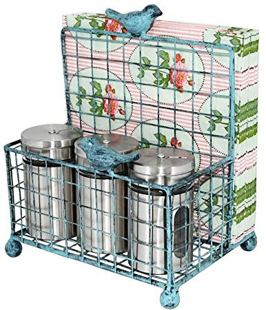 OwlGift Metal Salt & Pepper Holder, Upright Napkin Holder w/ Top Cast Iron Bird, Freestanding Condiments Storage Organizer, Napkin Caddy for Tabletop, Office, Restaurant, Dinning Table – Turquoise