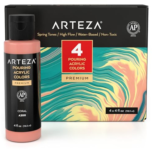 ARTEZA Acrylic Pouring Paint Set, 4 Spring Colors, 4 oz Bottles, High-Flow Paint, No Mixing Needed, Art Supplies for Canvas, Glass, Paper, Wood, Tile, and Stones, 16 Fl Oz (Pack of 1)
