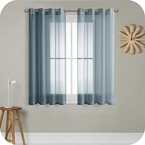 MRTREES Voile Curtains Navy Dusty Blue for Bedroom 54 Drop 2 Panels Faux Linen Eyelet Short Sheer Curtain Panel for Living Room Patio Door 55x54 Drop 140cm x 137cm