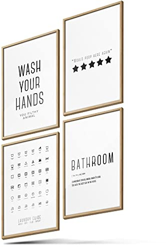 BLCKART Poster-Set Badezimmer - 4er Set moderne Wandbilder mit Sprüchen - Premium Poster für Badezimmer - Bilder zur Wanddekoration - Größe A4