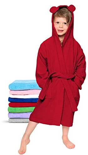 Twinzen - Peignoir Enfant Coton pour Fille et Garçon - 100% Coton OEKO-TEX® Sans Produits Chimiques- 2 Poches, Ceinture, Capuche avec Oreilles, 3-4 Ans, Rouge