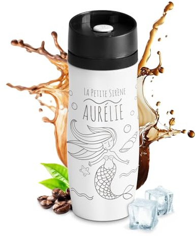 Maverton Thermo Mug Blanc avec personnalisation, Thermos Café-Thé 42cl | Mug isotherme de 42 cl, Fermeture à Pression, En acier inoxydable, Cadeau d’anniversaire pour elle, Sirène