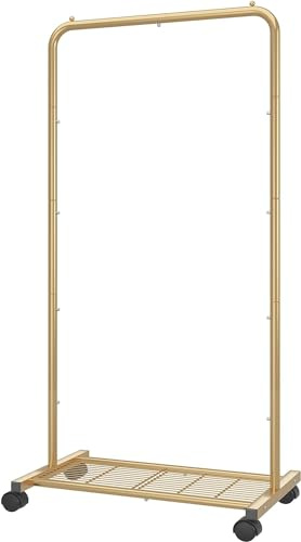 Simple Trending Standard Clothes Garment Rack, Clothing Rolling Rack with Mesh Storage Shelf on Wheels, Golden Yellow