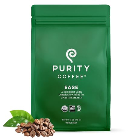 Purity Coffee EASE Low Acid Dark Roast Whole Bean (12oz Bag) | Specialty-Grade USDA Organic Arabica Blend | Third Party Tested for Mold, Mycotoxins & Pesticides