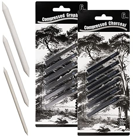 12 bastoncini grafite, 3 monconi miscelazione, carboncino compresso quadrato, set matite disegno, fai-da-te, schizzi, ombreggiature, principianti, artisti