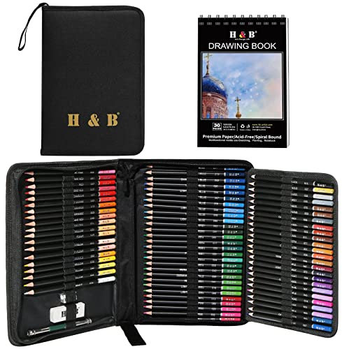 H & B 76pcs Colouring Pencils Set for Drawing Sketching Blending,Coloured Pencils for Adults,Artists,Beginners Professional Art Supplies with Sketchbook