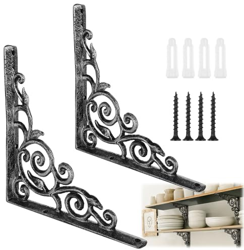 LOLYSIC 2 Pcs Scaffold Board Shelf Brackets, 21cm 8 Inch Heavy Duty Cast Iron Shelf Brackets, Rustic Floating Shelf Bracket Supports, Vintage Decorative Wall Brackets for Shelves, Silver-Black