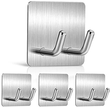 Duendhd 4 Stück selbstklebende Haken, Edelstahl, Doppelwandhaken, Handtuch, Küche, Badezimmer, Halter für Luffa, Spatel