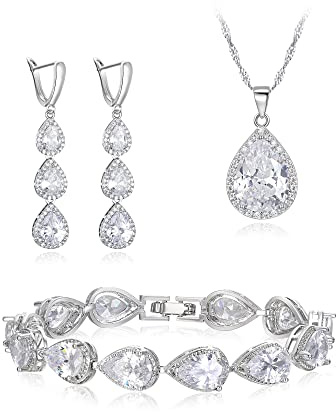 Clearine Set di Gioielli da Sposa per Donne Damigella d'Onore, Argento Placcato Trasparente Goccia Zirconia cubica Collana Lunga Orecchini a Pendolo Bracciale per la Festa