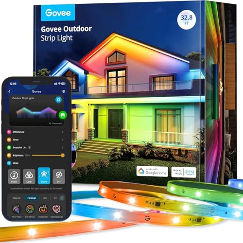 Govee Outdoor LED Strip Light, 10M RGBIC Outdoor Lights IP65 Waterproof, LED Strip for Garden, Eave, Garage, Music Sync and WiFi Voice Control, Smart App Control,Works with Alexa, Google Assistant