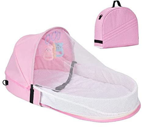 Reisebett Baby, Tragbar Baby Reisebett mit Moskitonetz und Spielzeug, Faltbar Babybett Kinderreisebett für Babys [0-18 Monate] | Atmungsaktives, Weich & Komfortabel für Unterwegs, Zuhause (Rosa)