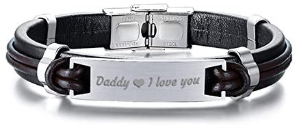Bishilin Lederarmbänder für Männer, Armband Herren Edelstahl Schild mit Gravur Daddy I Love You Charm Armband 21.5CM Silber Partnerarmbänder Leder Personalisiert