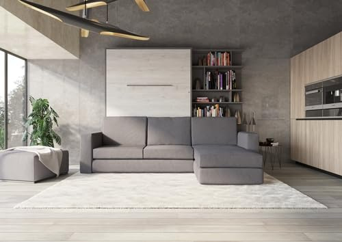 MAXIMAHOUSE Schrankbett vertikale Invento LED 140V (140x200) mit Ecksofa grau und Bücherregal, Lattenrost aus Holz (Grau/Eiche Monaco + graues Ecksofa + Regal)