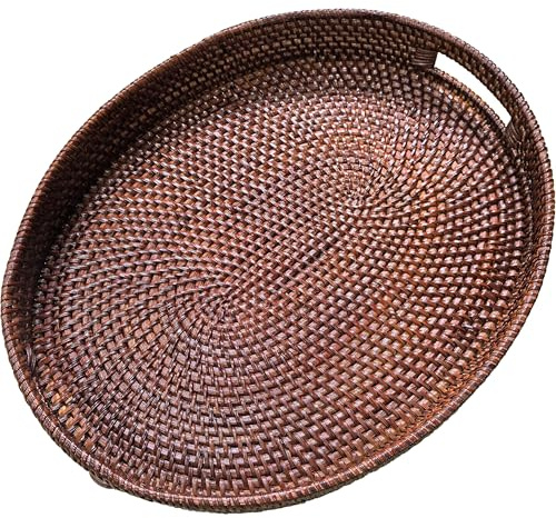 i-lan Dark Brown Oval Rattan X-Large Serving Tray for Fruit,Breakfast,Drinks,17 Inch Ottoman Wicker Woven Serving Basket Tray with Handle and 2.5 High Wall