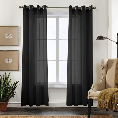 CUCRAF Cortinas Visillo Transparentes L140x H225cm 2 Paneles con Anillos - Aspecto Lino Liso, Fácil de Mantener para Salón y Dormitorio (Negro)