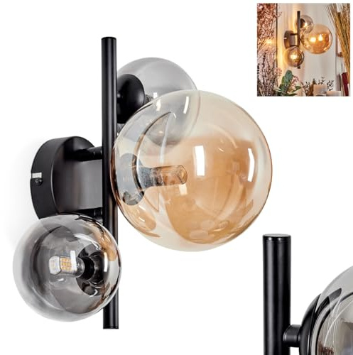 Wandleuchte Chehalis, Wandlampe aus Metall/Glas in Schwarz/Rauch/Klar/Bernstein, Leuchte im Retro/Vintage-Design, Schirme aus Glas (Ø 10, 15 cm) u. An/-Auschalter am Gehäuse, 3x G9, ohne Leuchtmittel